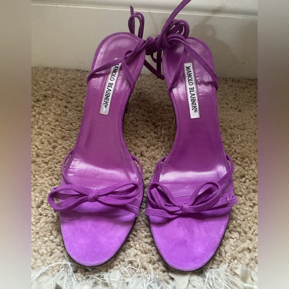 Manolo Blahnik Violet Suede Tie-Strap Heels - Picture 2 of 4